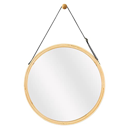 Navaris Specchio da Parete Tondo Ø 35cm - Specchio Moderno Rotondo in bambù da Appendere - con Cinghia Gancio - Altezza Regolabile Cornice in Legno