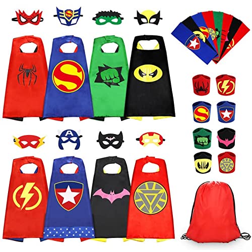 Jojoin 8 PCS Costumi da Supereroi per Bambini, 8 Maschere di Supereroi, 8 Superhero Braccialetti Slap e 1 Borsa portaoggetti, Costumi Carnevale Mantelli Giocattoli regalo per bambini Halloween Festa