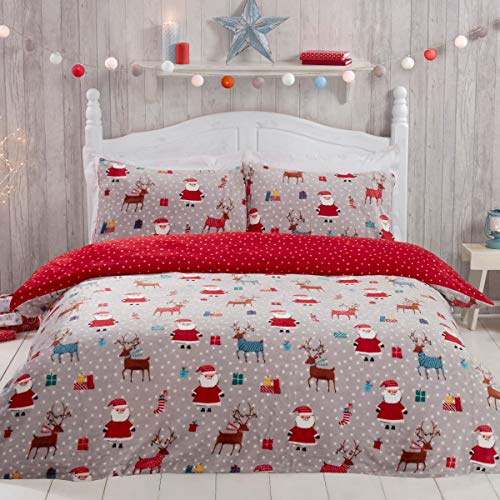 Sleepdown Set copripiumino con federa per letto singolo (135 x 200 cm) in pile di Babbo Natale, rosso, caldo, accogliente, super morbido, facile da pulire, con motivo a stelle grigie