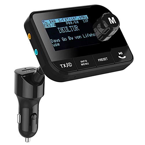 Blufree [AggiornatoIn Car Dab Dab+ Adattatore per autoradio, Radio Digitale Dab con trasmettitore FM Kit per Auto Bluetooth+Lettore di schede 64G TF+AUX out+Caricatore per Auto USB+Antenna Esterna 3M