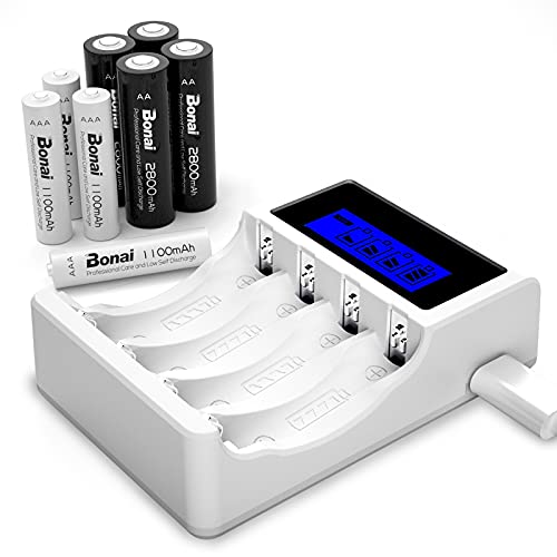 BONAI Caricabatterie Ricaricabili AA e AAA Ni-MH NI-Cd Batterie, con Ingresso USB e Lcd, Confezione con 4 pezzi 2800mAh AA e 4 pezzi 1100mah AAA Batterie Ricaricabili