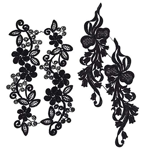 GORGECRAFT - 2 paia di toppe in pizzo con ricamo a fiori neri, applique per fai da te, decorazioni, artigianato, cucire costumi (28 x 7 - 7,6 cm)