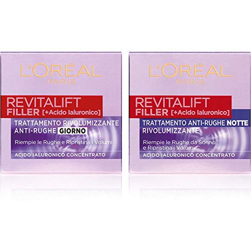 L Oréal Paris Revitalift Filler Routine Viso per una Pelle Rimpolpata e Ringiovanita, include Crema Viso Giorno + Crema Viso Notte Rimpolpanti, Arricchite con Acido Ialuronico