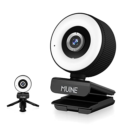 MUINE Webcam PC con Microfono, Streaming Full HD 1080P Webcam con Luce ad Anello, Autofocus Webcam Campo Visivo 120° con USB Plug e Play, Correzione Dell Esposizione per PC Laptop Mac e Videochiamate