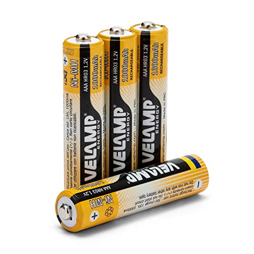 VELAMP HR03 4BP Batterie Ricaricabili Mini Stilo AAA ad Alta Capacità 1,2V 1000 mAh, Tecnologia Ni-MH, ricaricabili circa 1000 volte, Blister 4 Pezzi
