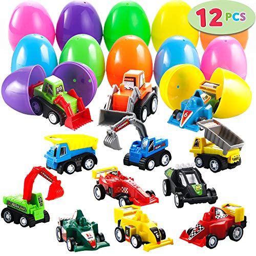 JOYIN 12 pz riempito uova di pasqua con modellini di auto, 3,2” luminoso colorful easter eggs preriempita con tirare indietro macchine da costruzione e race cars