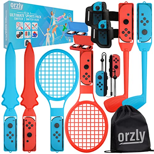 Orzly Switch Sports Pack Bundle di Accessori per Giochi Sportivi OLED per Nintendo Switch, Racchette da Tennis, Mazze da Golf, Spade Chambara, Cosciali da Calcio e impugnature e Borsa Joycon