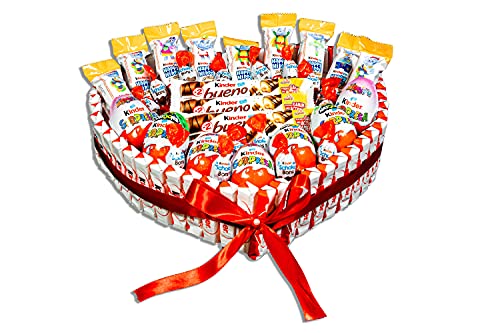 REGALO DULCE - Torta di cioccolatini Kinder da regalare, cesto con 85 cioccolatini Kinder, scatola a forma di cuore, 33 x 30 cm