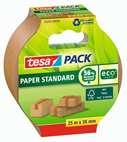 tesapack Paper Standard - Nastro ecologico per imballaggi in carta, 56% materiale a base biologica - Efficiente e riciclabile - Marrone - 25 m x 38 mm
